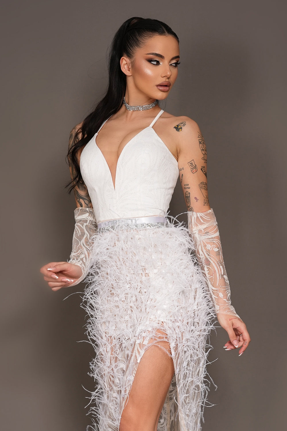 MAXI SKIRT AND CROP TOP SET KAYLA GLITTER LACE FEATHERS WHITE