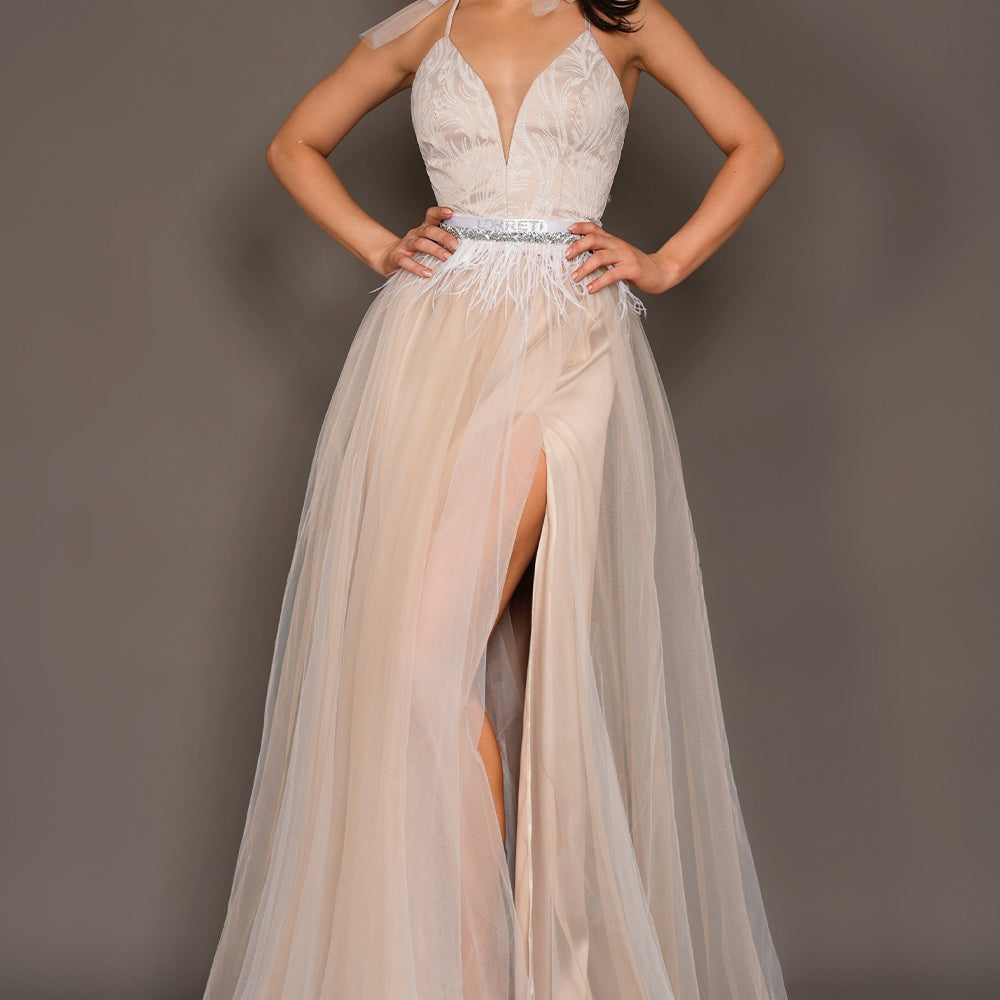 MAXI SKIRT AND CROP TOP SET LILIA GLITTER LACE TULLE WHITE AND NUDE