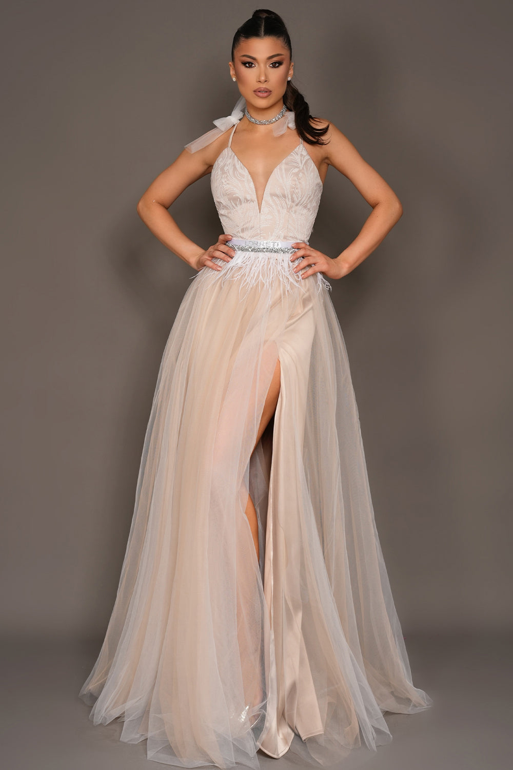 MAXI SKIRT AND CROP TOP SET LILIA GLITTER LACE TULLE WHITE AND NUDE