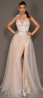 MAXI SKIRT AND CROP TOP SET LILIA GLITTER LACE TULLE WHITE AND NUDE