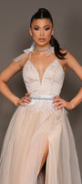MAXI SKIRT AND CROP TOP SET LILIA GLITTER LACE TULLE WHITE AND NUDE