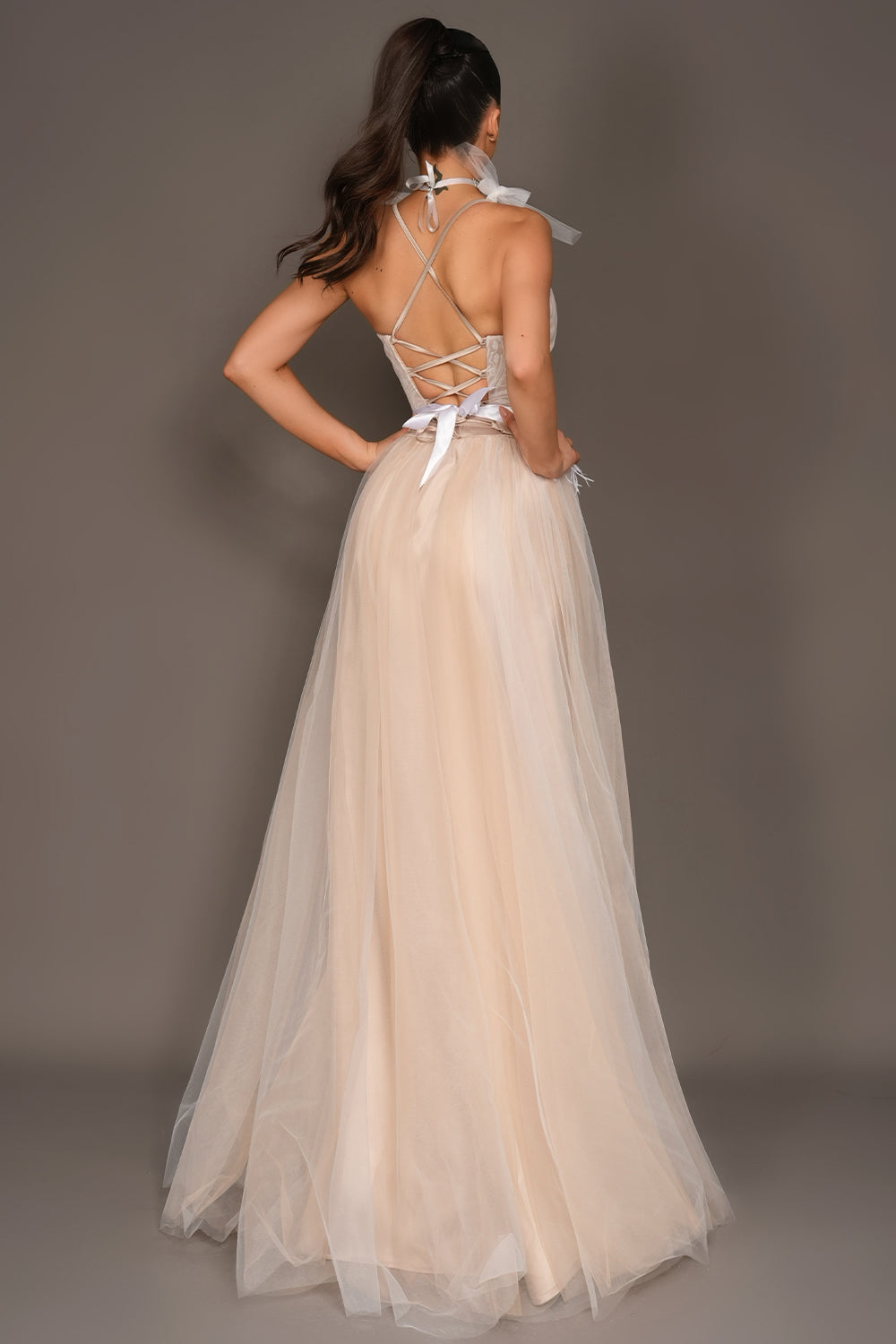 MAXI SKIRT AND CROP TOP SET LILIA GLITTER LACE TULLE WHITE AND NUDE