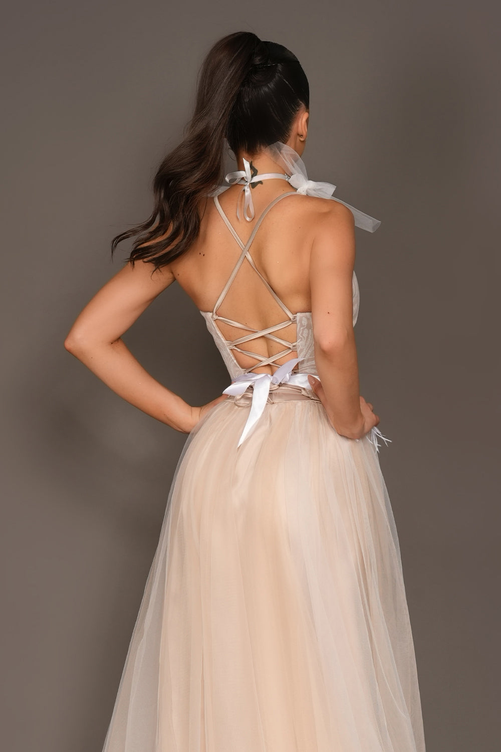 MAXI SKIRT AND CROP TOP SET LILIA GLITTER LACE TULLE WHITE AND NUDE