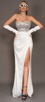 MAXI SKIRT AND CROP TOP SET MOLLY SEQUIN SATIN WHITE AND SILVER