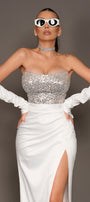 MAXI SKIRT AND CROP TOP SET MOLLY SEQUIN SATIN WHITE AND SILVER