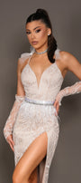 MAXI SKIRT AND CROP TOP SET KALI GLITTER LACE WHITE AND NUDE