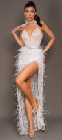 MAXI SKIRT AND CROP TOP SET ANETA GLITTER LACE FEATHERS WHITE AND NUDE