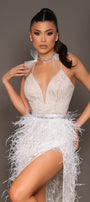 MAXI SKIRT AND CROP TOP SET ANETA GLITTER LACE FEATHERS WHITE AND NUDE