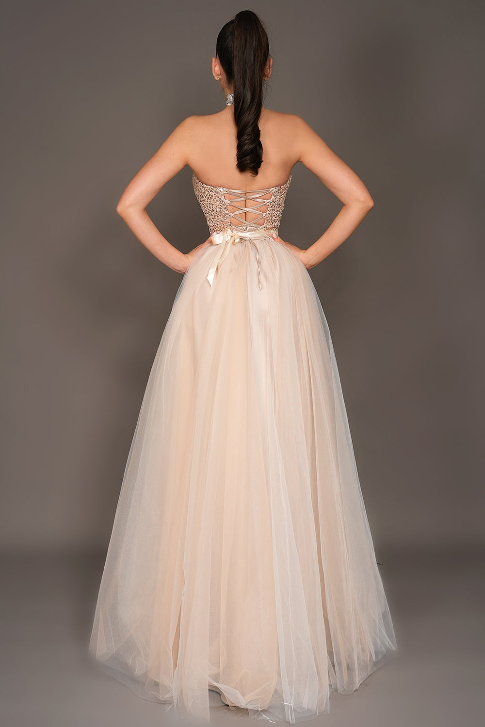 MAXI SKIRT AND CROP TOP SET THEA SEQUIN TULLE WHITE AND NUDE