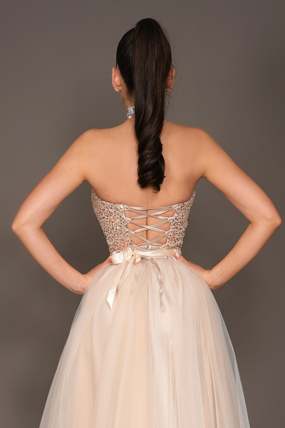 MAXI SKIRT AND CROP TOP SET THEA SEQUIN TULLE WHITE AND NUDE