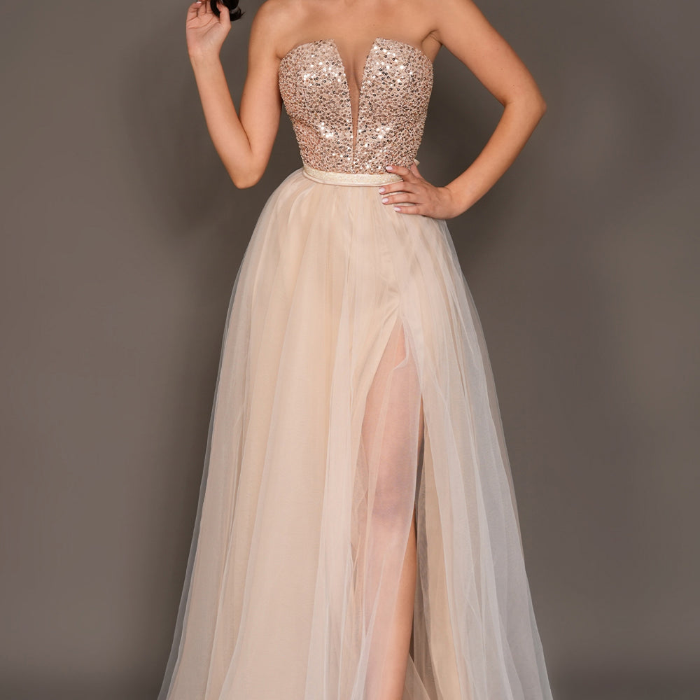 MAXI SKIRT AND CROP TOP SET THEA SEQUIN TULLE WHITE AND NUDE