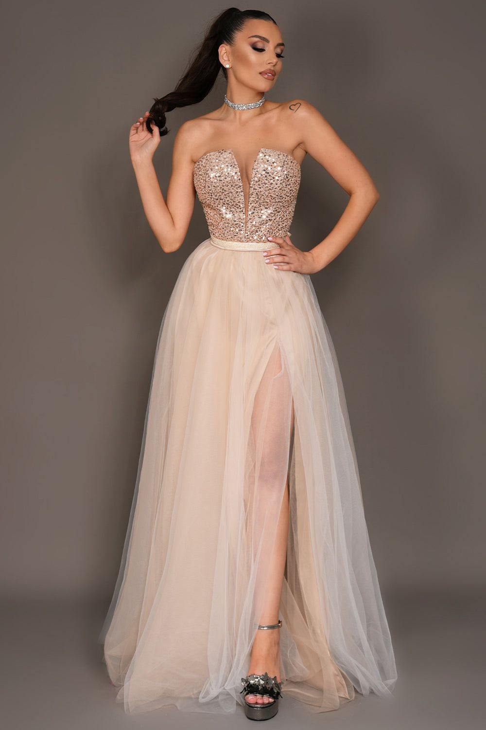 MAXI SKIRT AND CROP TOP SET THEA SEQUIN TULLE WHITE AND NUDE