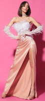 MAXI SKIRT AND CROP TOP SET ADDISON GLITTER LACE FEATHERS SATIN WHITE AND NUDE