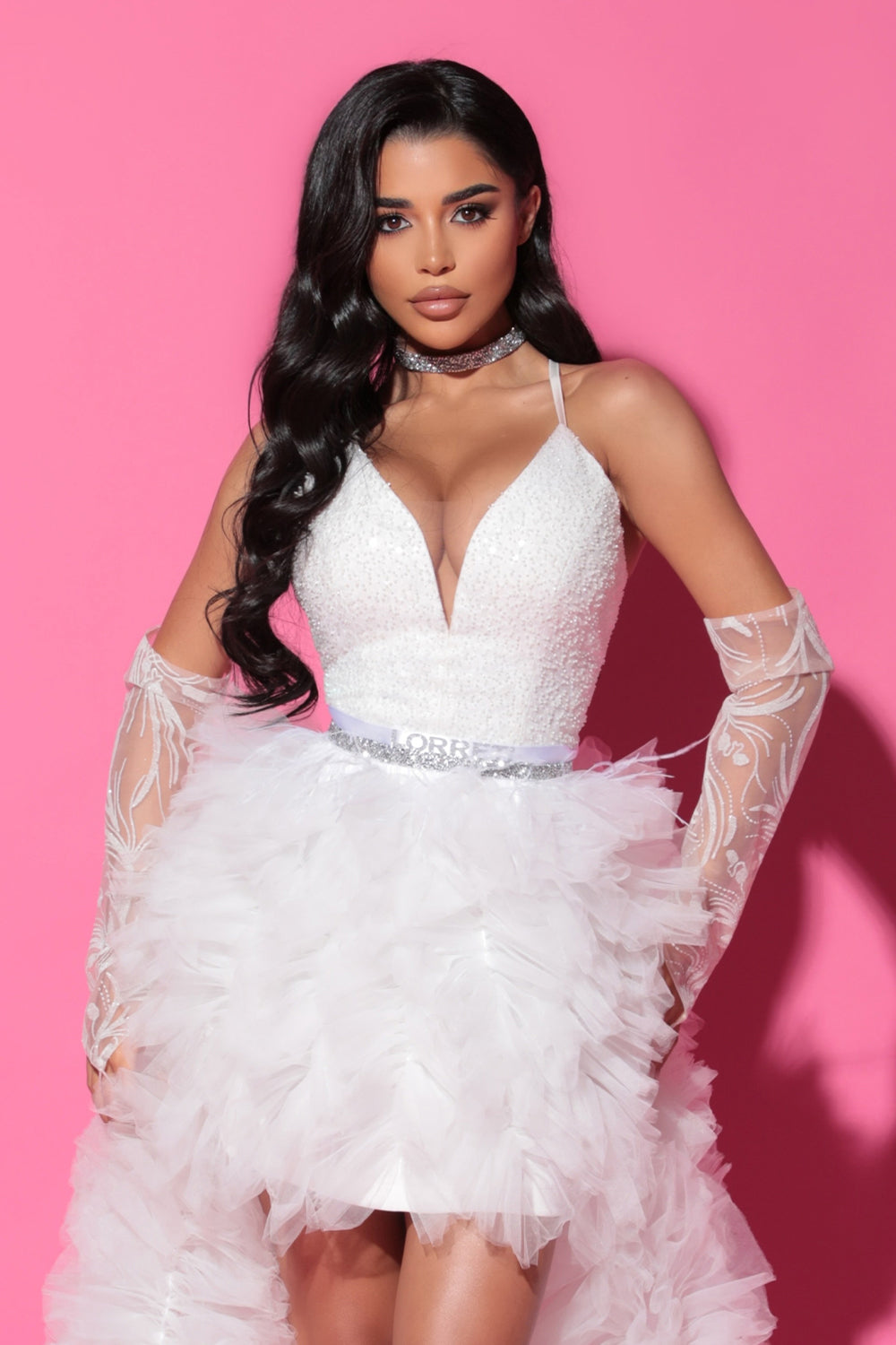 MAXI SKIRT AND CROP TOP SET DAISY SEQUIN TULLE WHITE