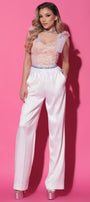 MAXI CROP TOP AND PANTS SET EVA GLITTER LACE SATIN WHITE AND NUDE