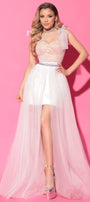 MAXI SKIRT AND CROP TOP SET ANDREA GLITTER LACE SATIN TULLE WHITE AND NUDE