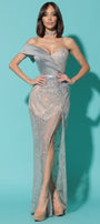 MAXI SKIRT AND CROP TOP SET FAITH GLITTER LACE SATIN SILVER AND NUDE