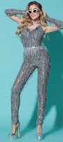 MAXI CROP TOP AND PANTS SET DANIELA SEQUIN FEATHERS DARK GREY