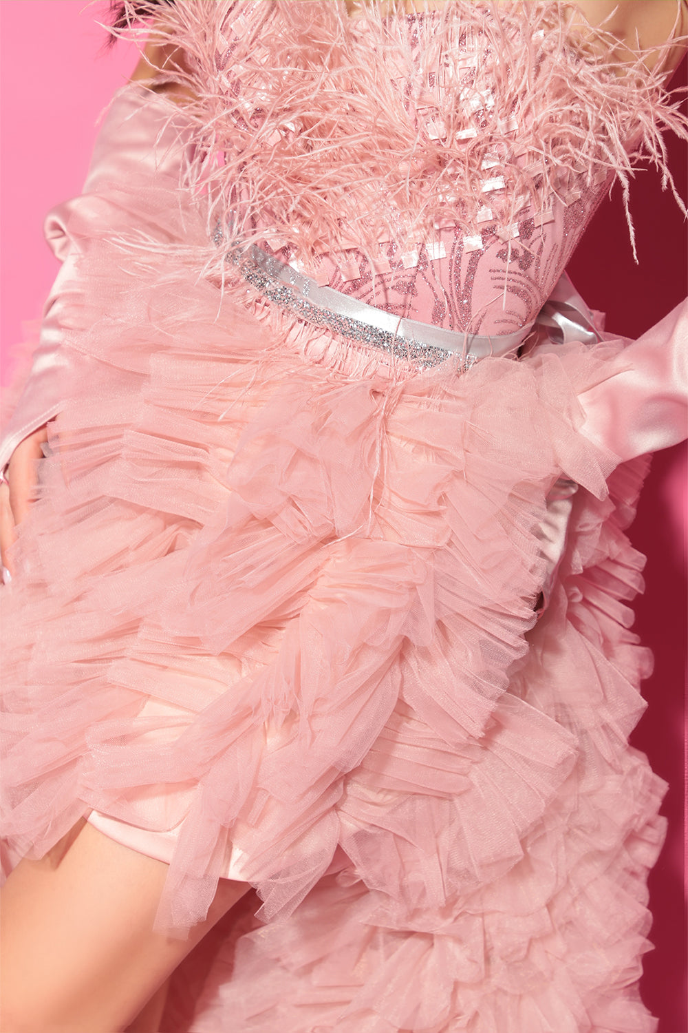 MAXI SKIRT AND CROP TOP SET CAROLINA GLITTER LACE FEATHERS TULLE POWDER PINK
