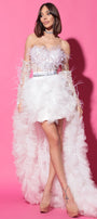 MAXI SKIRT AND CROP TOP SET CAROLINA GLITTER LACE FEATHERS TULLE WHITE AND NUDE
