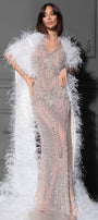 MAXI VESTIDO FALLEN ANGEL PEDRERÍA PLUMAS CHAMPÁN CON BLANCO