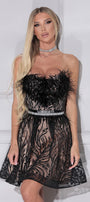 MINI SKIRT AND CROP TOP SET AUDREY GLITTER LACE FEATHERS BLACK AND NUDE