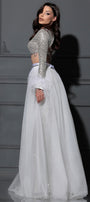 MAXI SKIRT AND CROP TOP SET AXENIA SEQUIN FEATHERS SILVER AND WHITE