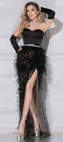 MAXI SKIRT AND CROP TOP SET KENNEDY SATIN GLITTER LACE FEATHERS BLACK AND NUDE