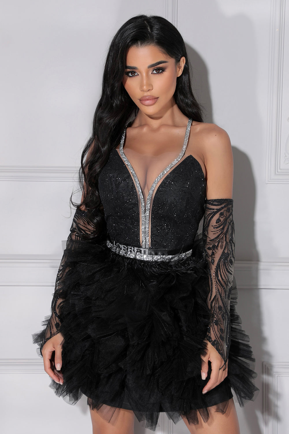 BELT MARABU 5B FEATHERS RHINESTONE BLACK