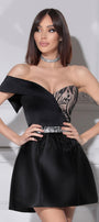 MINI SKIRT AND CROP TOP SET MILEY GLITTER LACE SATIN BLACK AND NUDE
