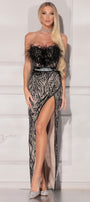MAXI SKIRT AND CROP TOP SET IVORY GLITTER LACE FEATHERS BLACK AND NUDE