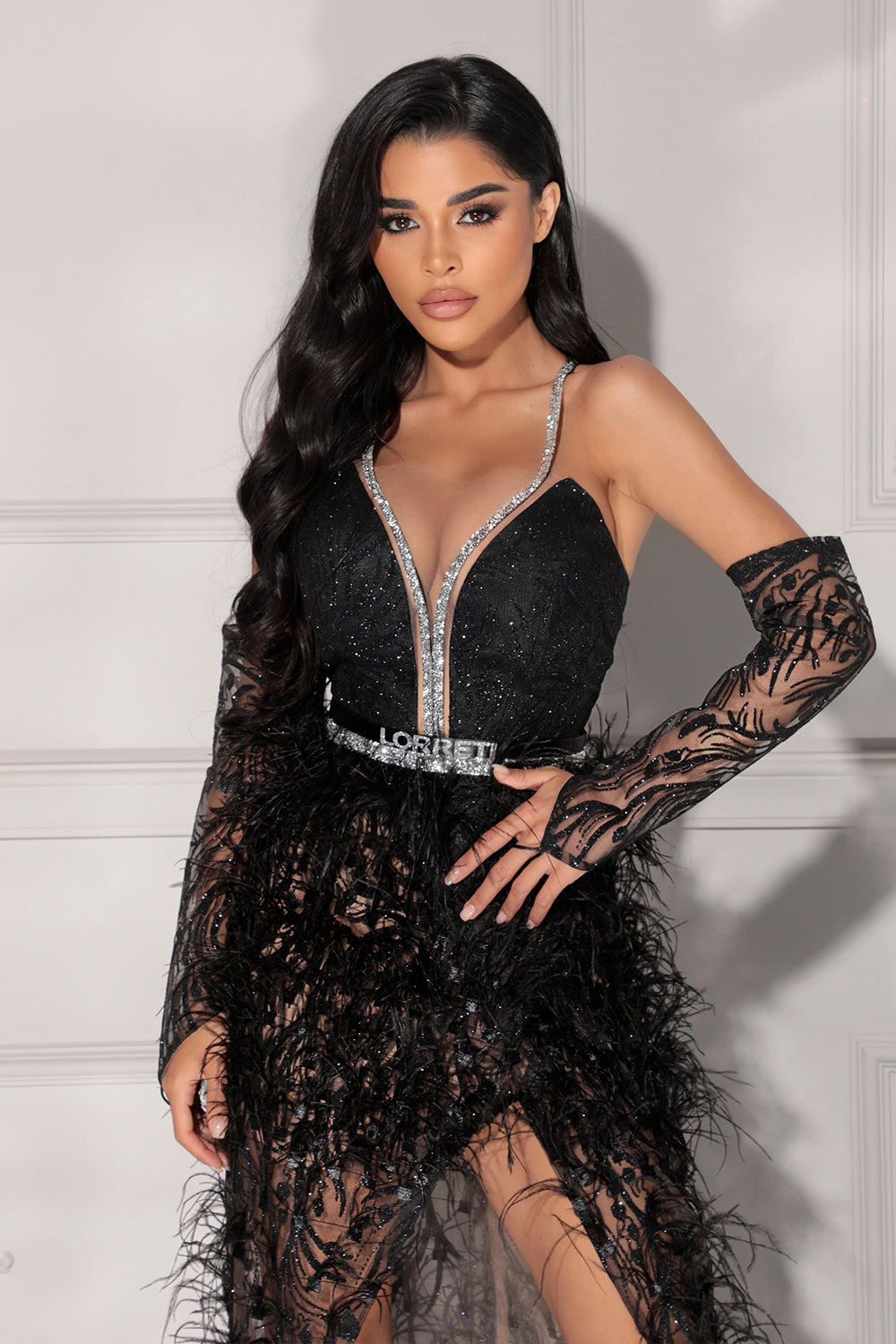 BELT MARABU 5B FEATHERS RHINESTONE BLACK