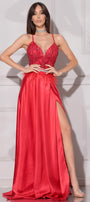 MAXI SKIRT AND CROP TOP SET LORELAI GLITTER LACE SATIN RED