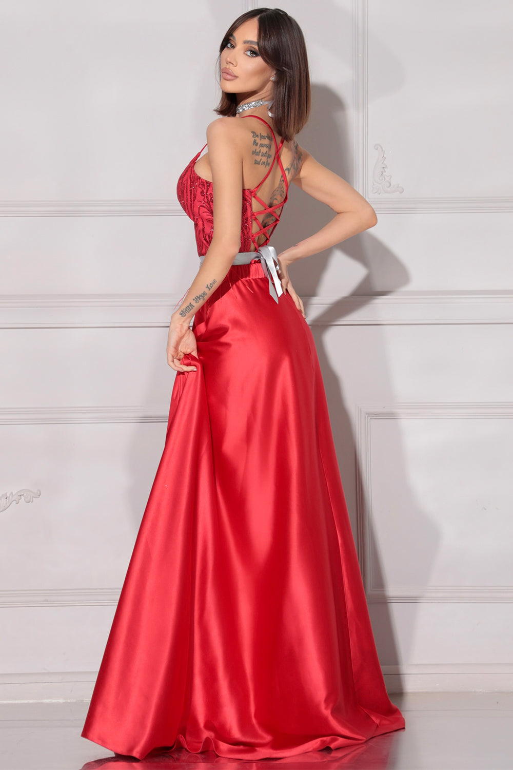 MAXI SKIRT AND CROP TOP SET LORELAI GLITTER LACE SATIN RED