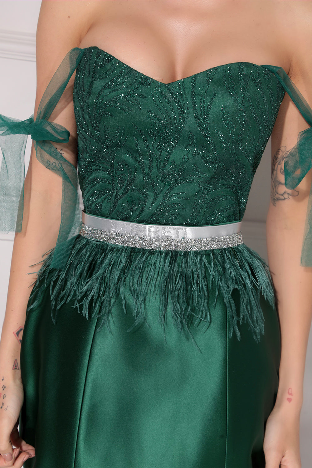 MINI SKIRT AND CROP TOP SET RENATA GLITTER LACE SATIN DARK GREEN