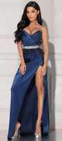 MAXI SKIRT AND CROP TOP SET DAKOTA SATIN GLITTER LACE DARK BLUE
