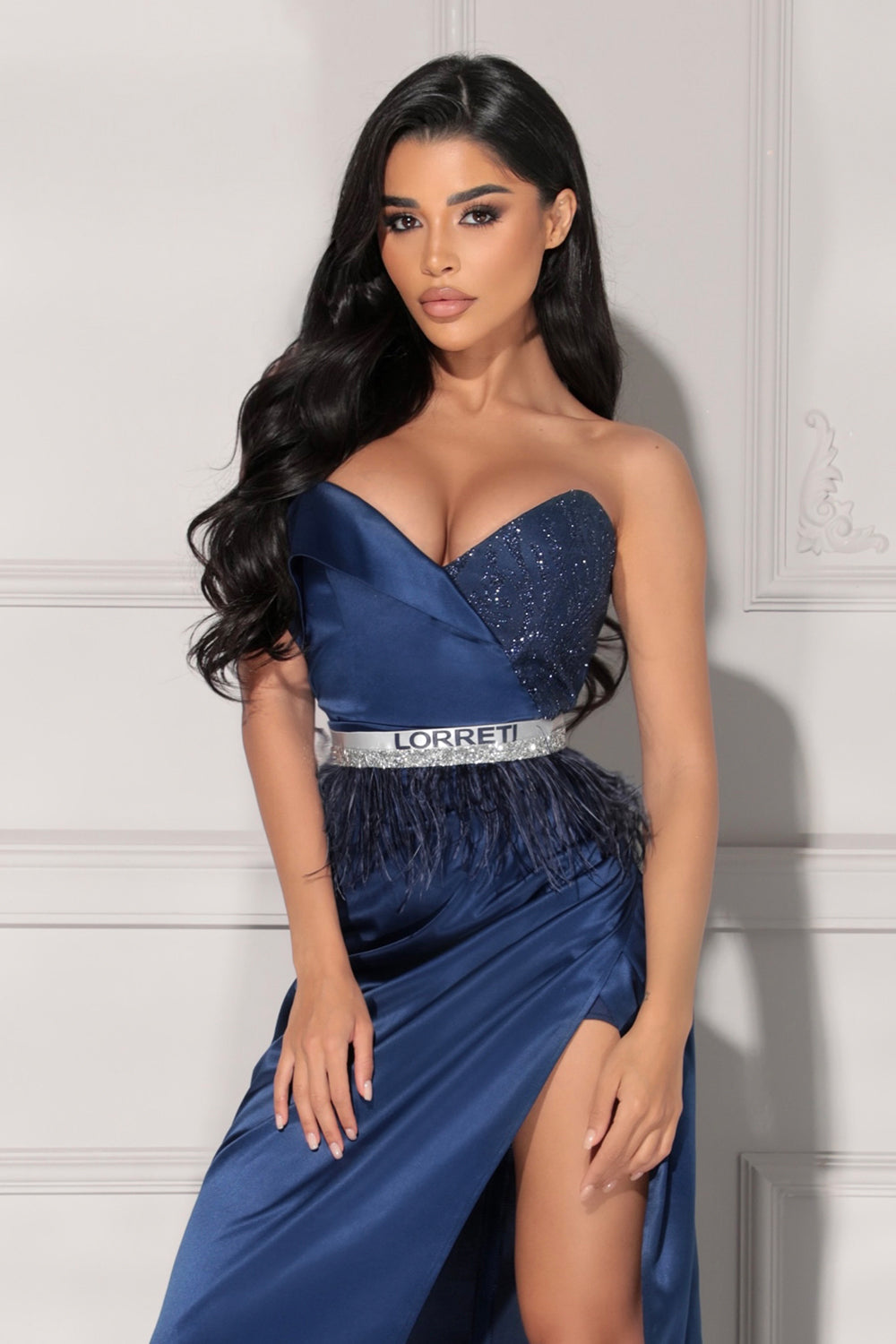 MAXI SKIRT AND CROP TOP SET DAKOTA SATIN GLITTER LACE DARK BLUE