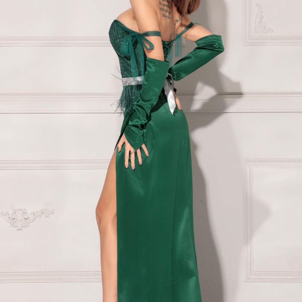 MAXI SKIRT AND CROP TOP SET EVERLY SATIN GLITTER LACE DARK GREEN