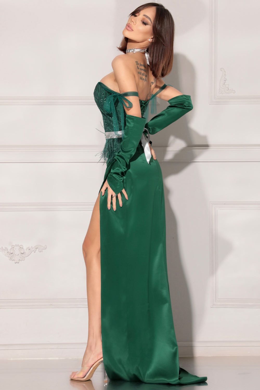 MAXI SKIRT AND CROP TOP SET EVERLY SATIN GLITTER LACE DARK GREEN