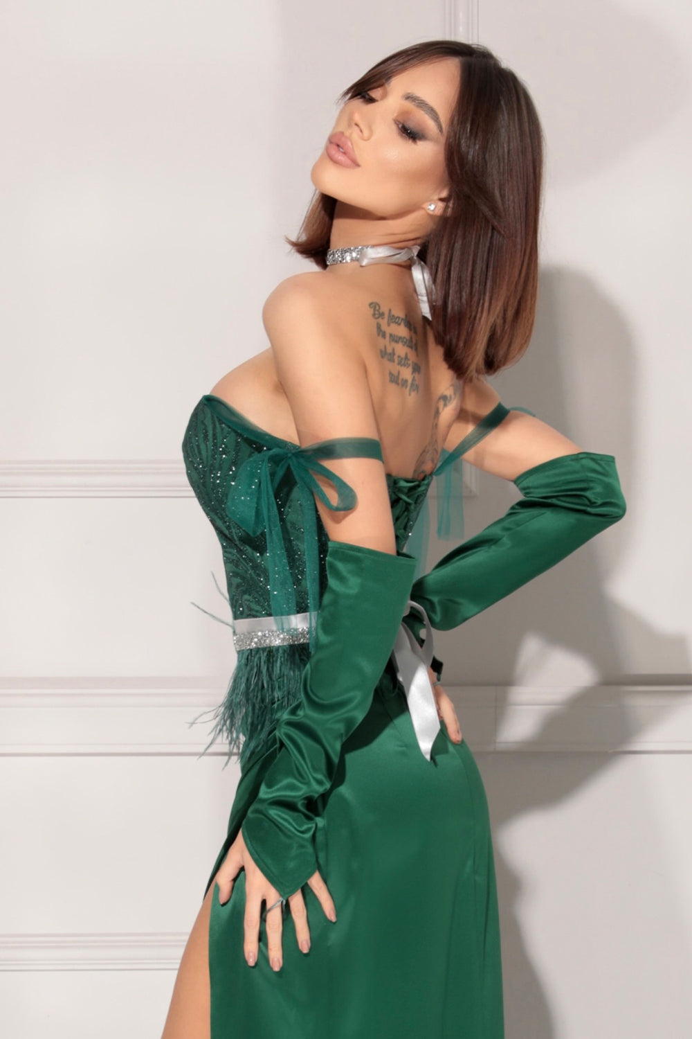 MAXI SKIRT AND CROP TOP SET EVERLY SATIN GLITTER LACE DARK GREEN