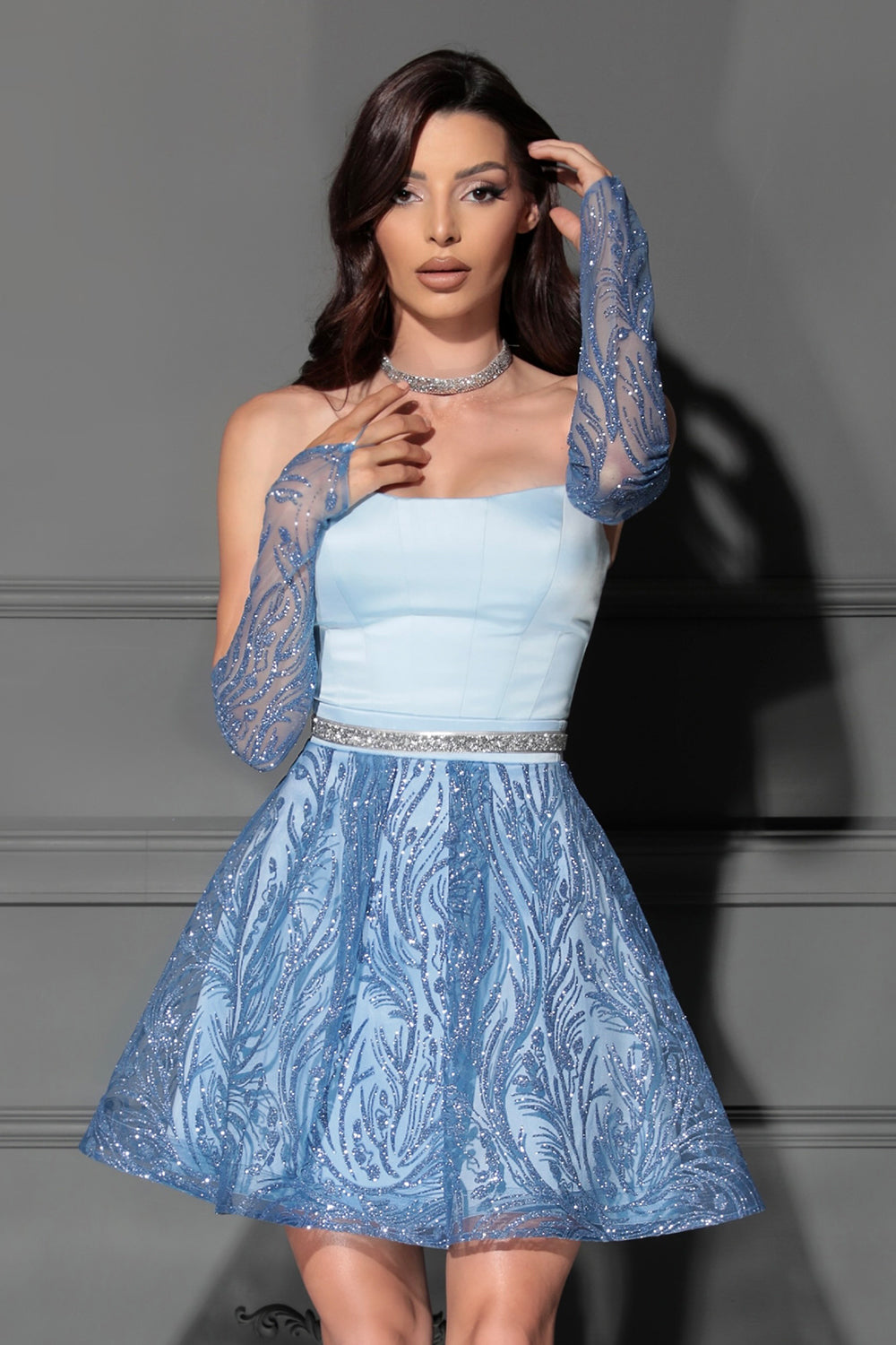 MINI SKIRT AND CROP TOP SET BEATRICE SATIN GLITTER LACE LIGHT BLUE