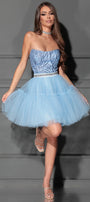 MINI SKIRT AND CROP TOP SET CLEO GLITTER LACE TULLE LIGHT BLUE