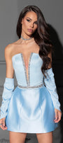 MINI SKIRT AND CROP TOP SET DAYANA SATIN RHINESTONE LIGHT BLUE