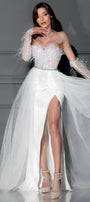 MAXI SKIRT AND CROP TOP SET EMBERLY GLITTER LACE FEATHERS SATIN TULLE WHITE AND NUDE