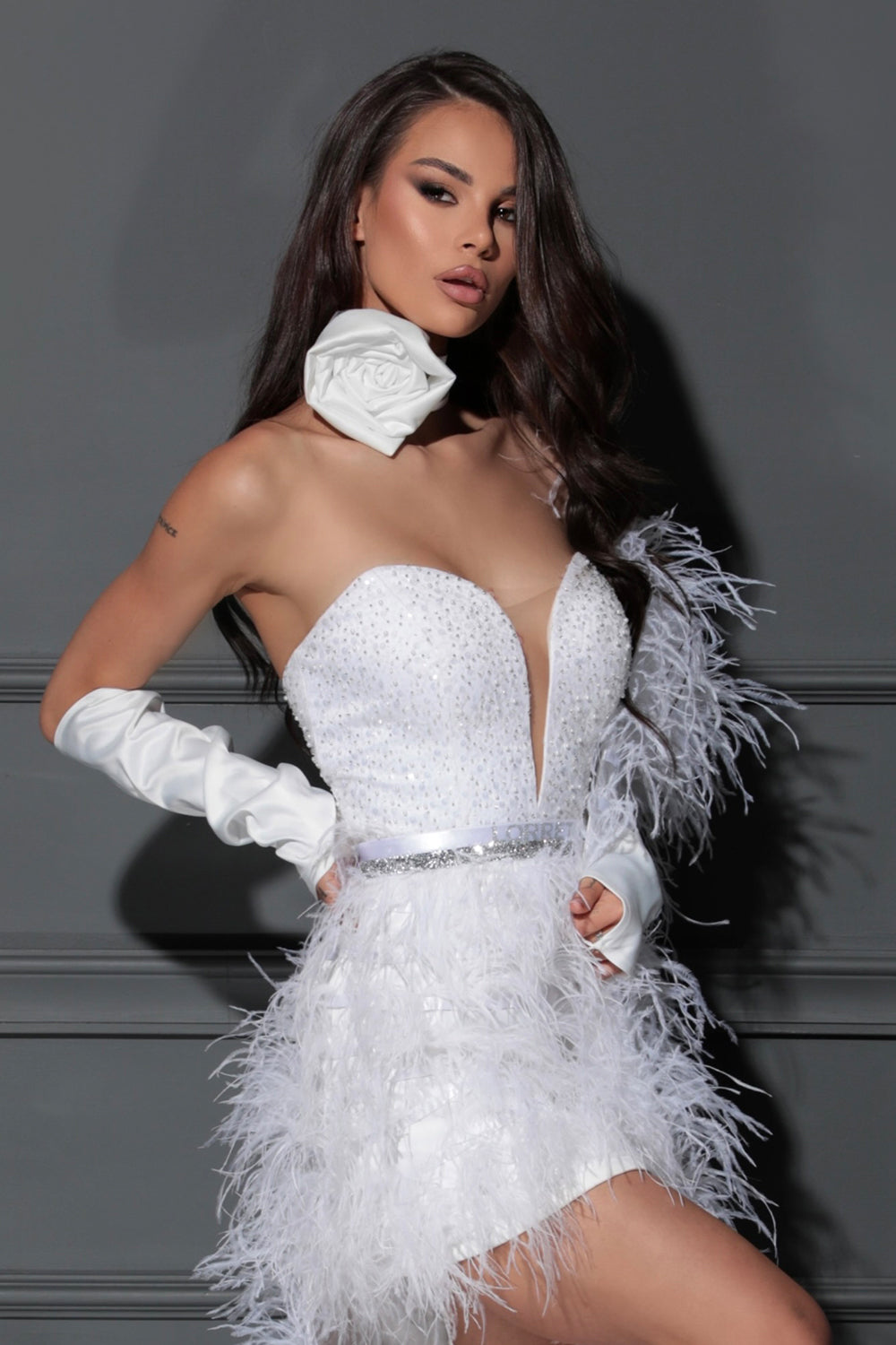 BELT MARABU 1A FEATHERS RHINESTONE WHITE