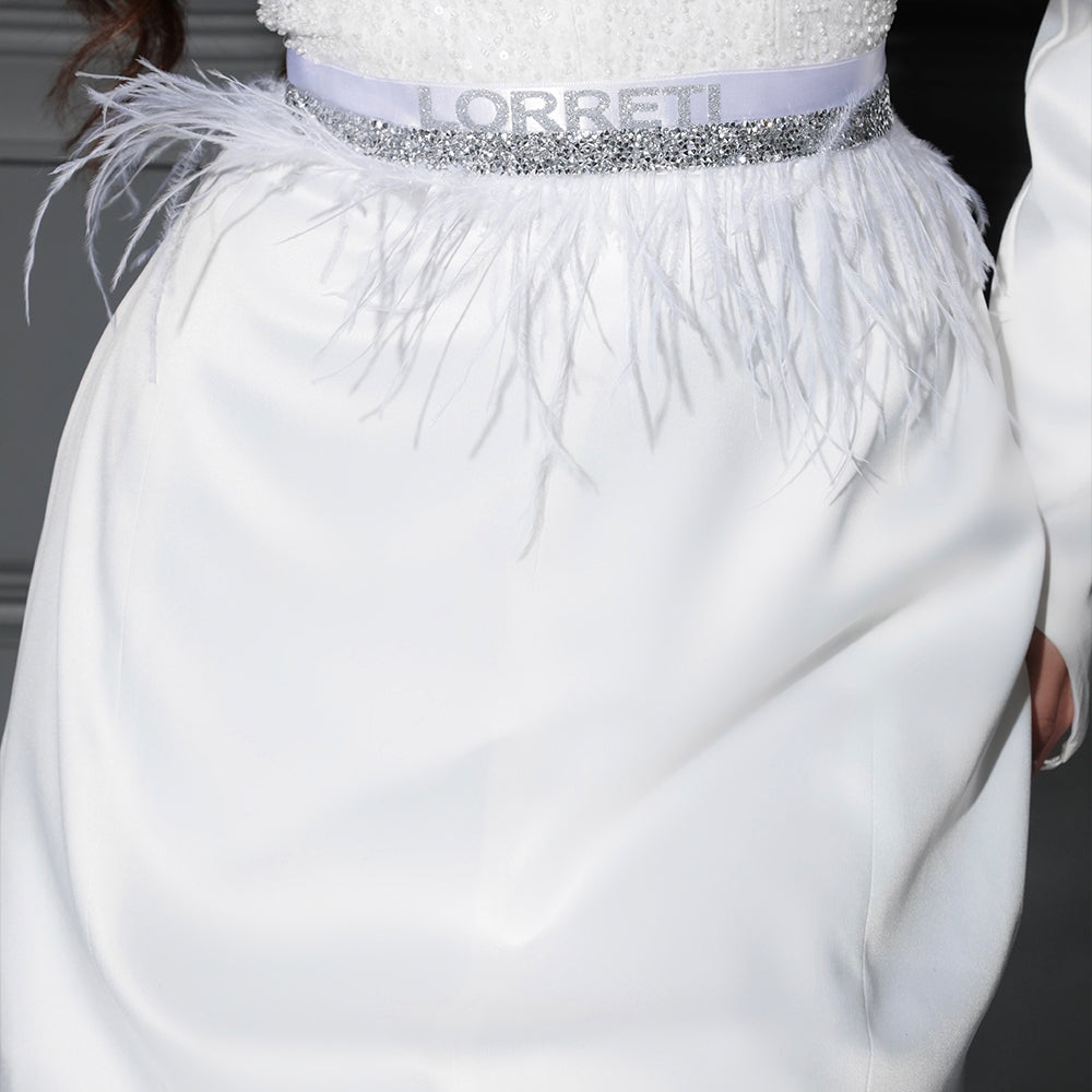 MINI SKIRT AND CROP TOP SET BETHANY SEQUIN SATIN WHITE