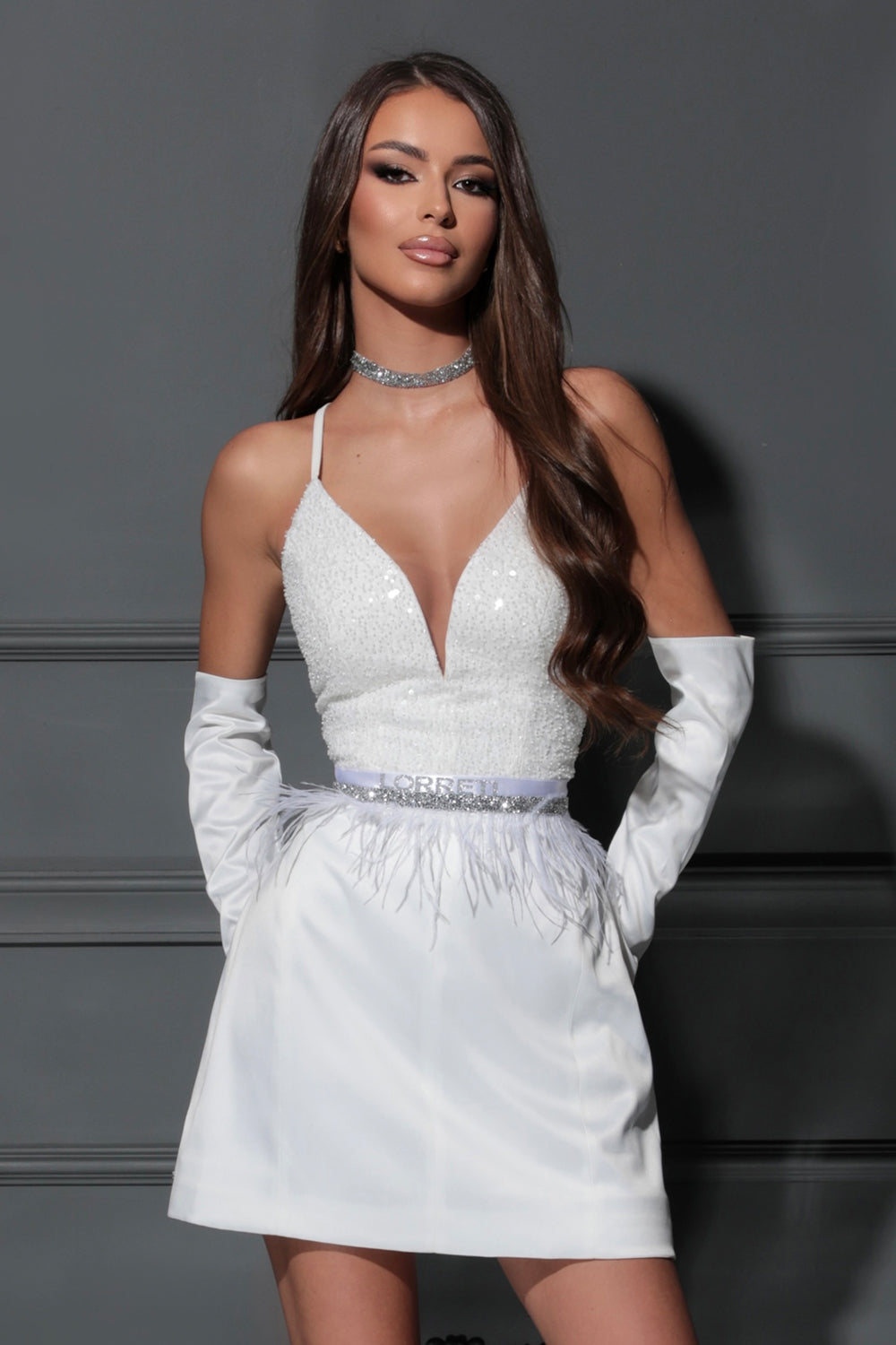 BELT MARABU 1A FEATHERS RHINESTONE WHITE
