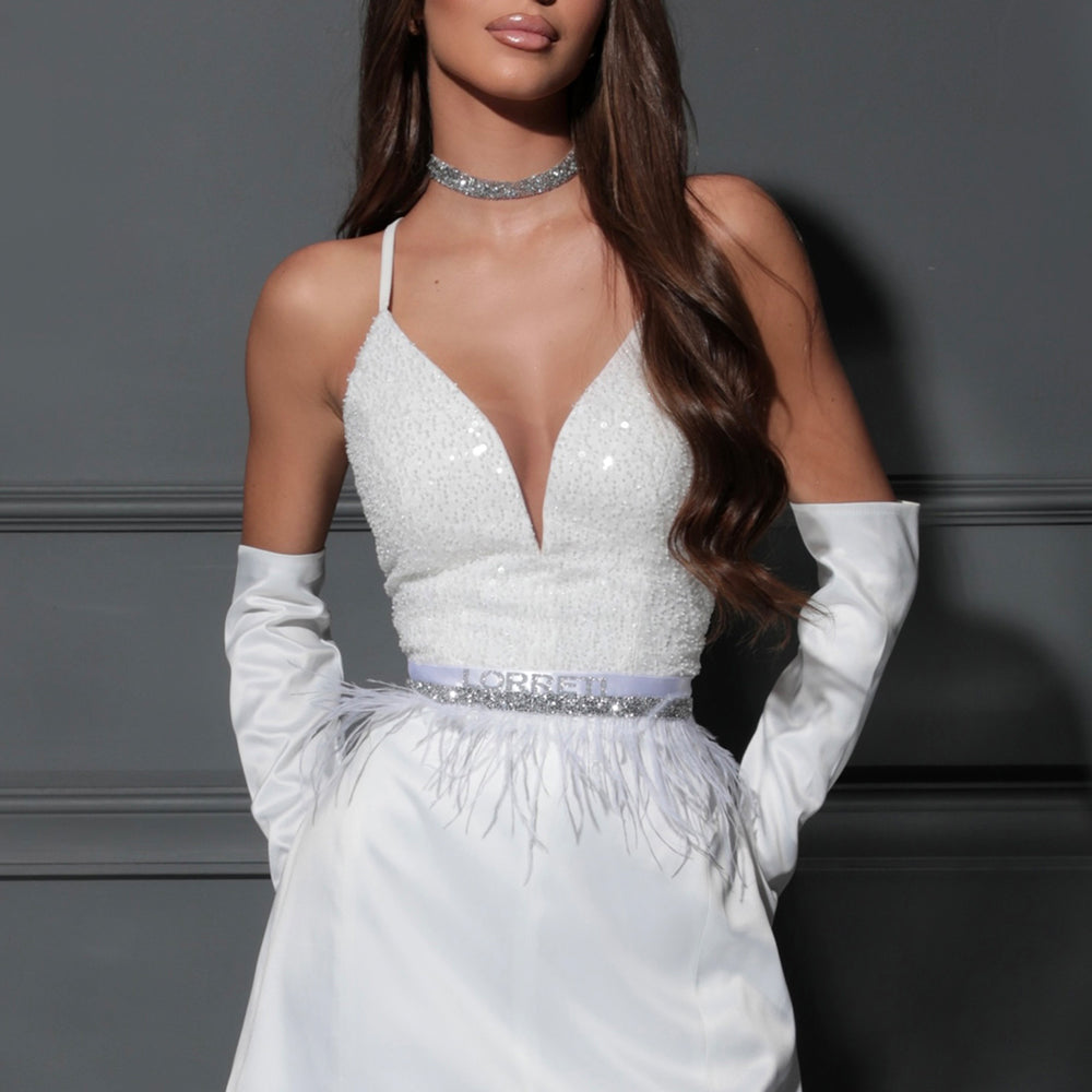 MINI SKIRT AND CROP TOP SET BETHANY SEQUIN SATIN WHITE