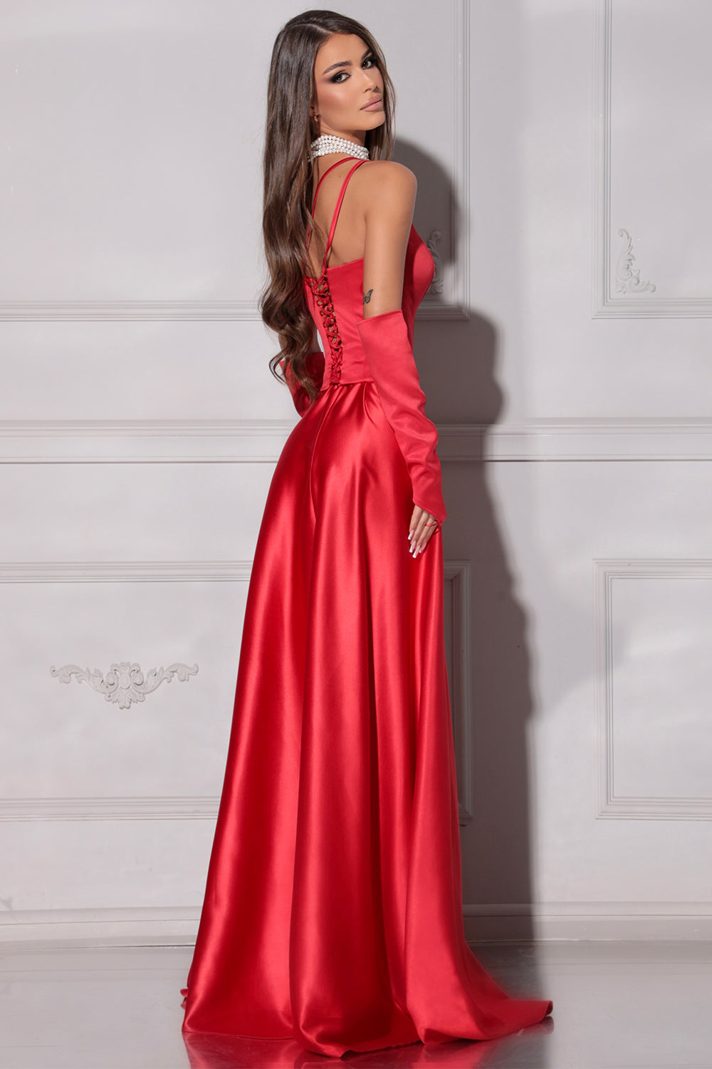 MAXI SKIRT AND CROP TOP SET KORI SATIN RED