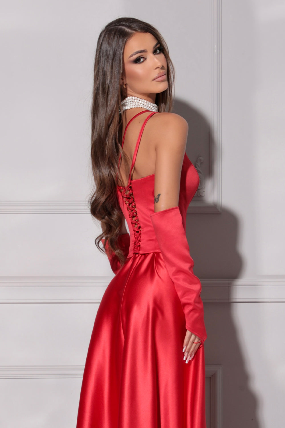 MAXI SKIRT AND CROP TOP SET KORI SATIN RED